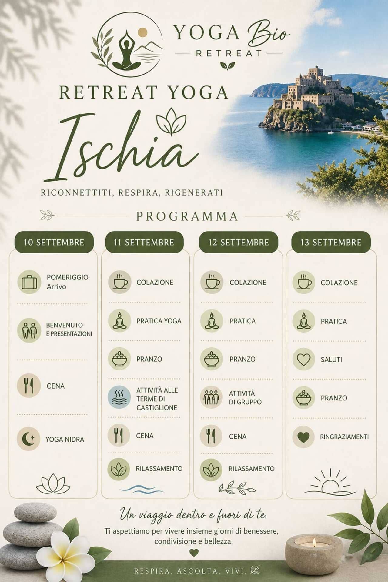 Programma completo dello Yoga Bio Retreat Ischia 2026 con pratiche yoga, attività di gruppo, Yoga Nidra, relax e benessere presso Casa Michelangela Holistic Bio Hotel.